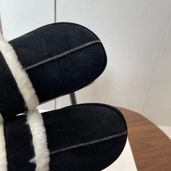 The Row Black Slippers with Cream Fur